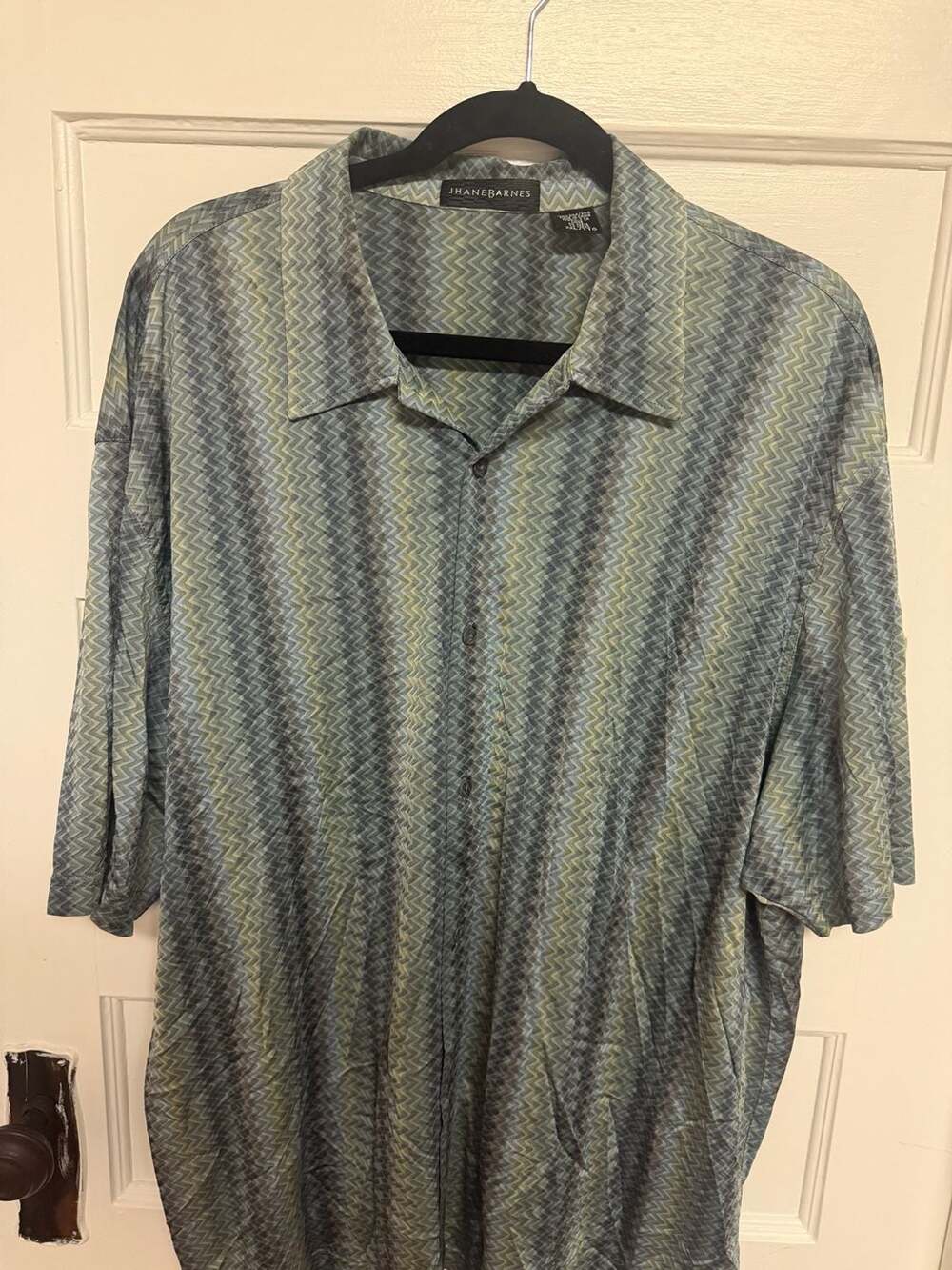Jhane Barnes Vintage 100% Silk Zig Zag Geometric Print Short Sleeve Button Down